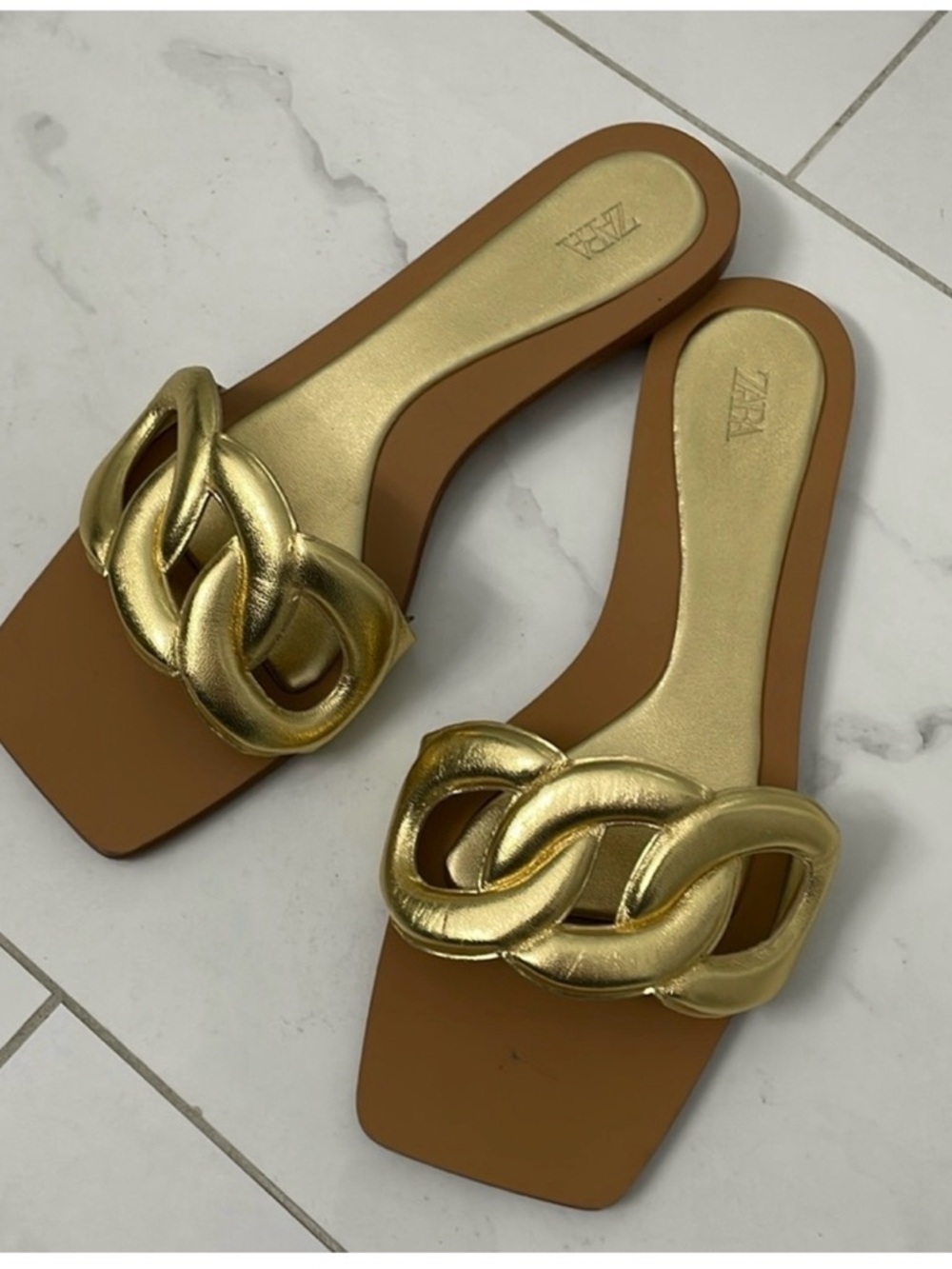Zara Metallic Gold Chain-Link Square Toe Slide Sandals